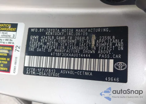 2010 Toyota Camry Le from USA, damaged, VIN 4T1BF3EK4AU014444